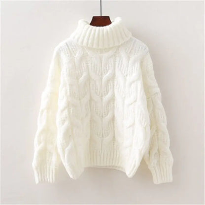 Damen Rollkragenpullover Gelb Strick Zopfmuster Oversized