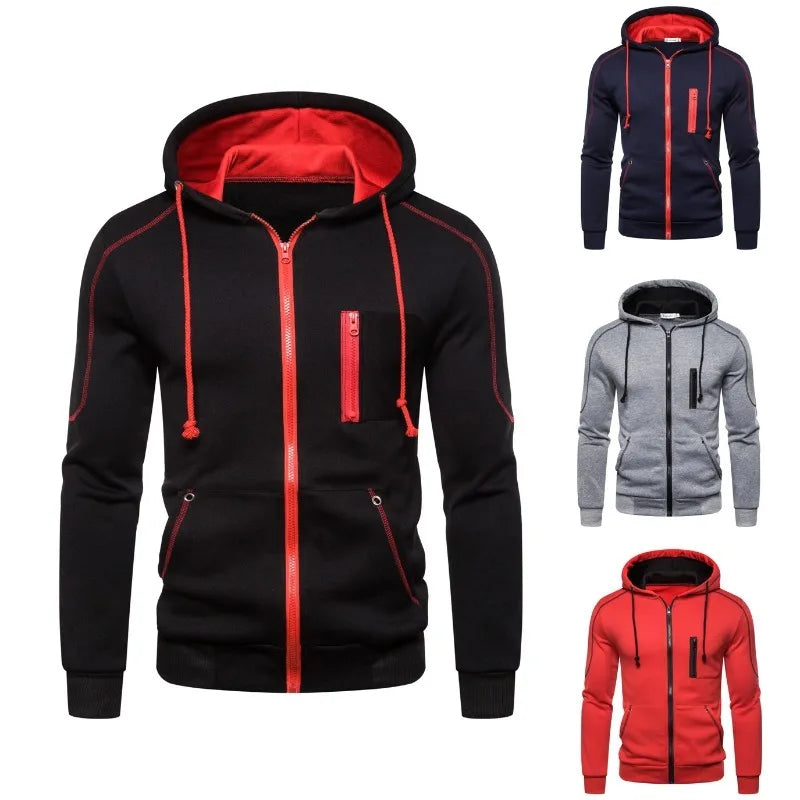 Herren Kapuzenjacke mit Reißverschluss, Kontrastfarben, Reißverschlusstasche