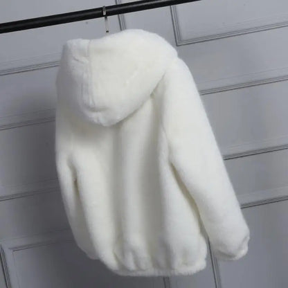 Kurze Kunstfelljacke Damen Kapuze flauschig mit elastischem Saum