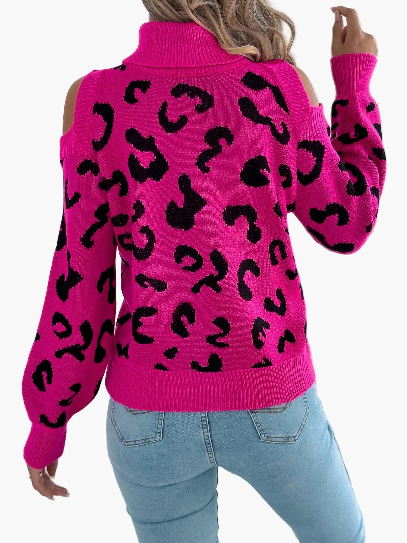 Damen Pullover mit Schulterfrei und Leopardenmuster – Modischer Strickpullover für Freizeit und Alltag