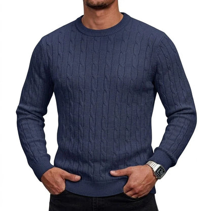 Herren Zopfmuster Pullover Rundhals Langarm Strickpullover Rippbündchen Slim Fit