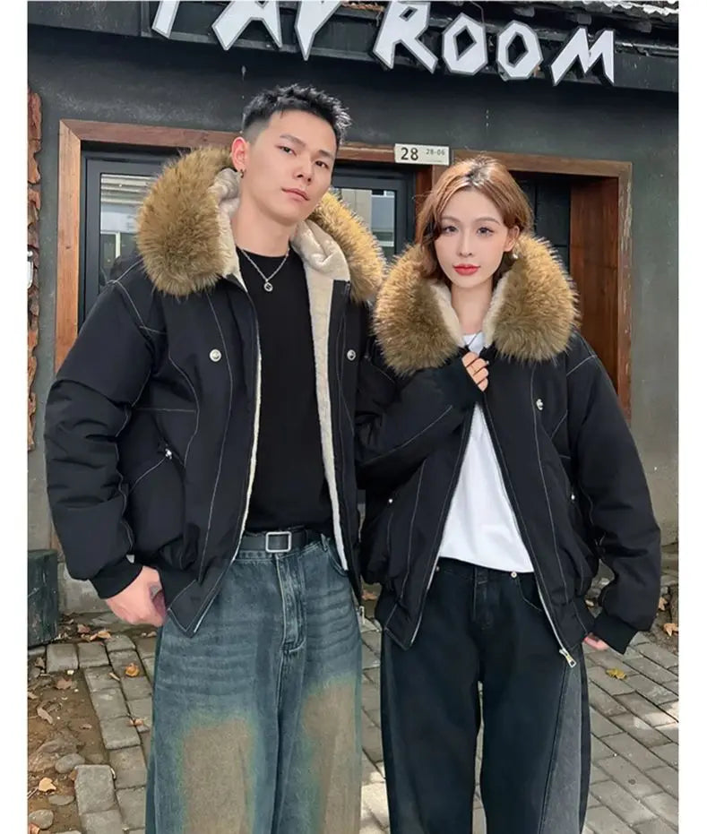 Damen Bomberjacke mit Kapuze und Fellimitat Futter - Warm Gefütterte Winterjacke
