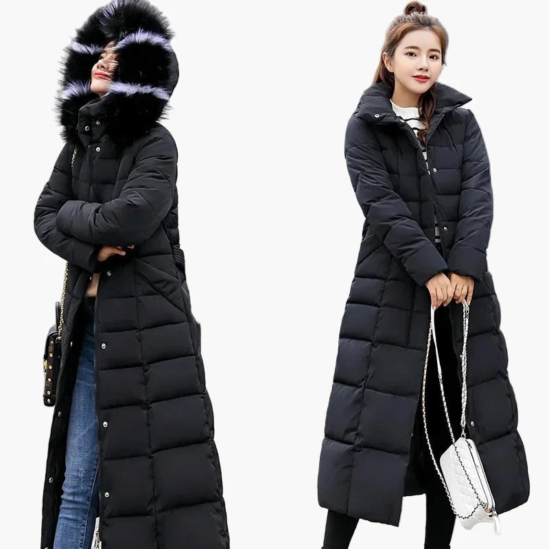Damen Winter Steppmantel mit Kapuze und Fellkragen – Eleganter langer Mantel für Alltag & Freizeit, Koreanischer Stil