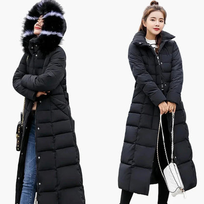 Damen Winter Steppmantel mit Kapuze und Fellkragen – Eleganter langer Mantel für Alltag & Freizeit, Koreanischer Stil