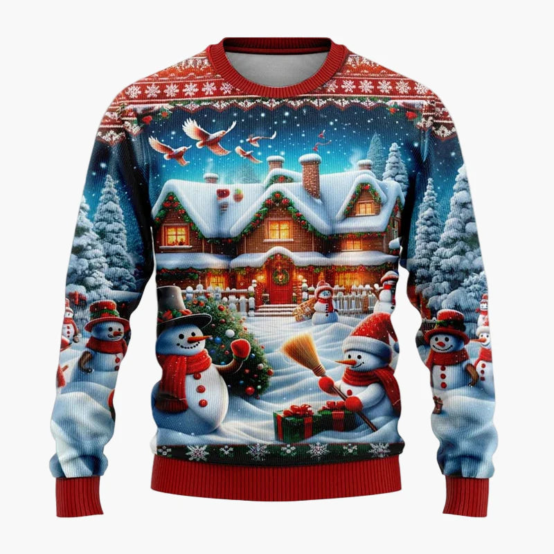 Herren & Kinder Weihnachtspullover – Lustiger Santa & Schneemann, Winterlicher 3D Ugly Christmas Sweater