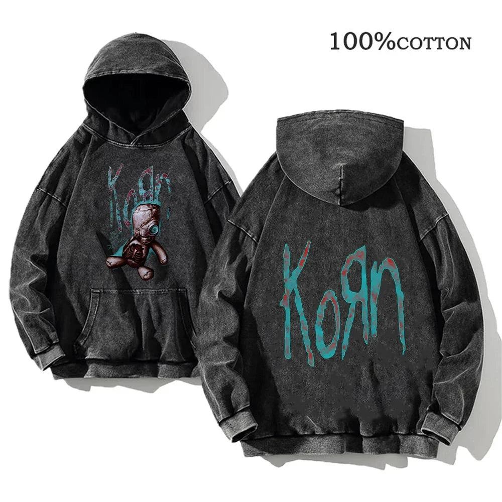 Unisex Kapuzenpullover Grau verwaschen mit Band-Print Vorn & Hinten