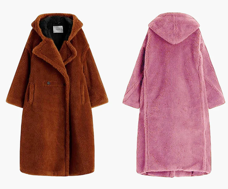 Damen Oversize Teddy Mantel mit Kapuze – Winter Warmer Streetwear Style