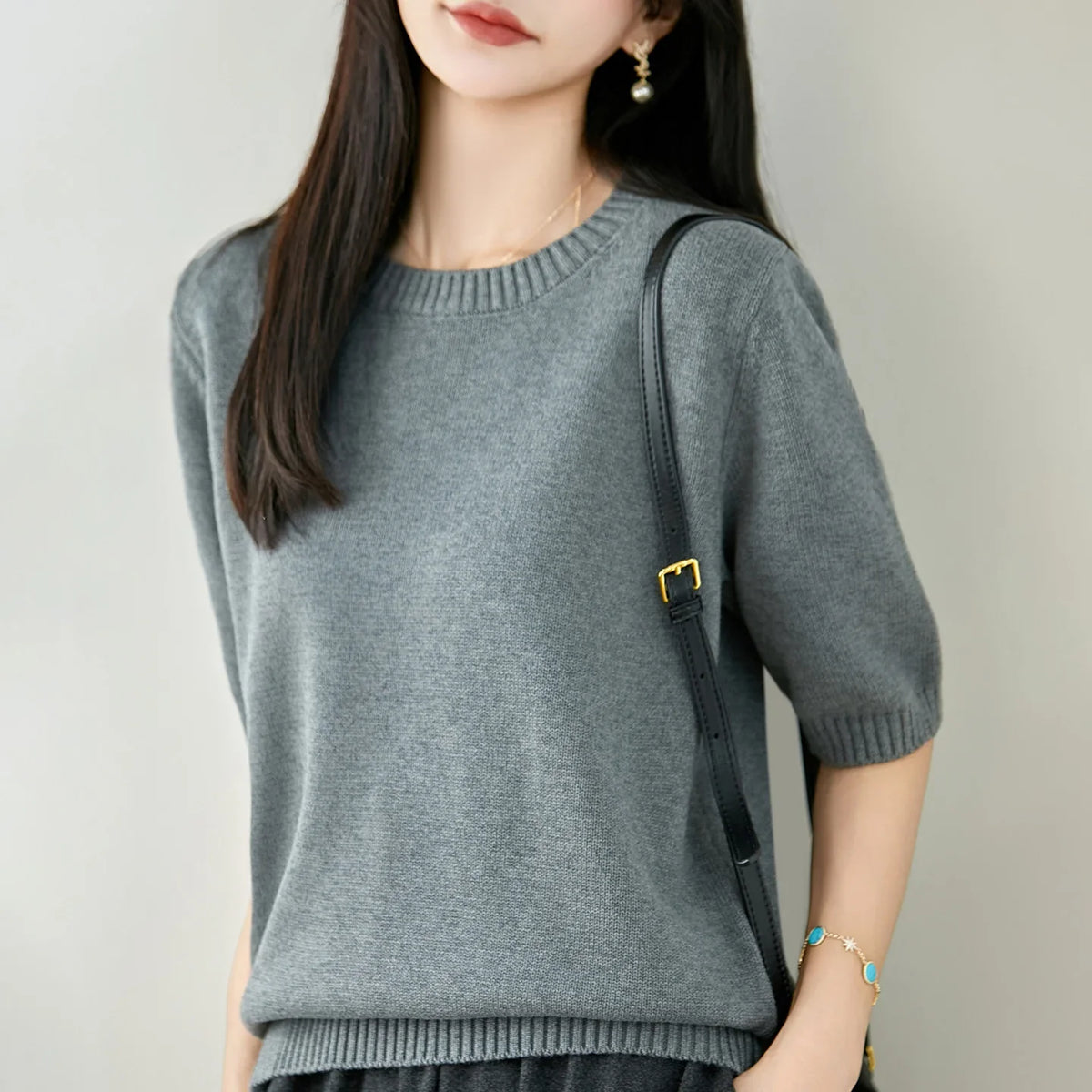 Damen Kurzarm Strickpullover Rundhals Weich Strickshirt