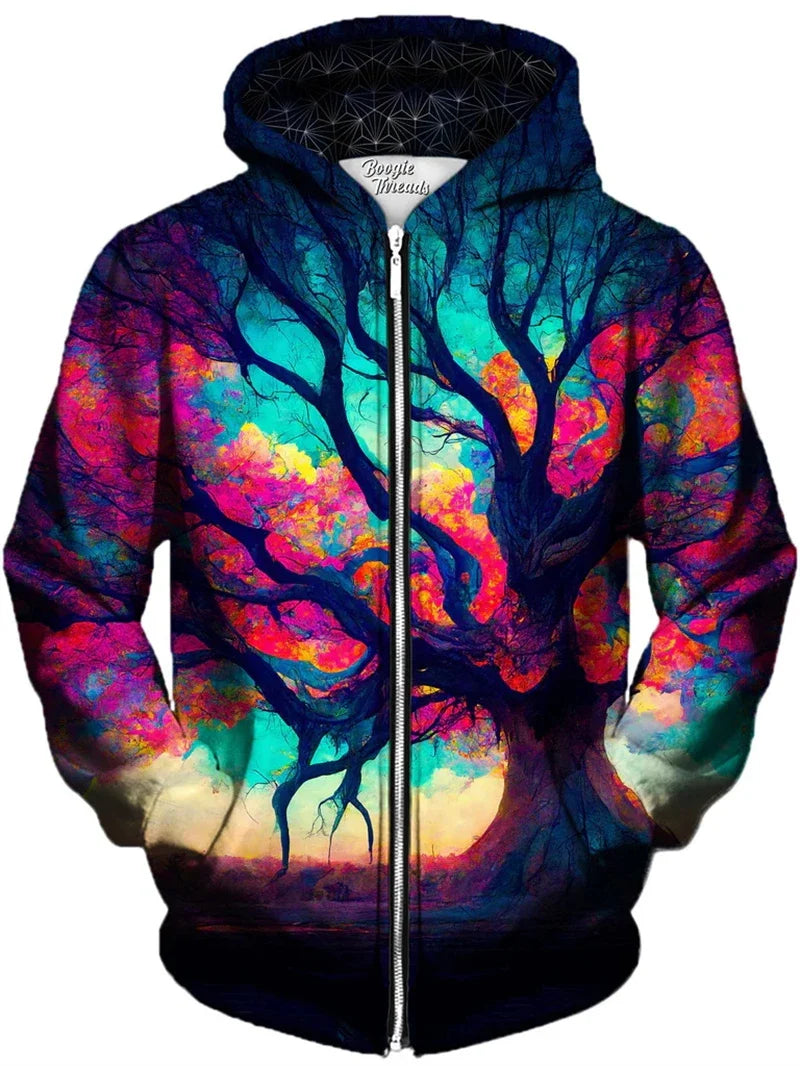 Unisex Reißverschluss Hoodie mit farbigem Baum-Motiv, bunter Print Kapuzenpullover