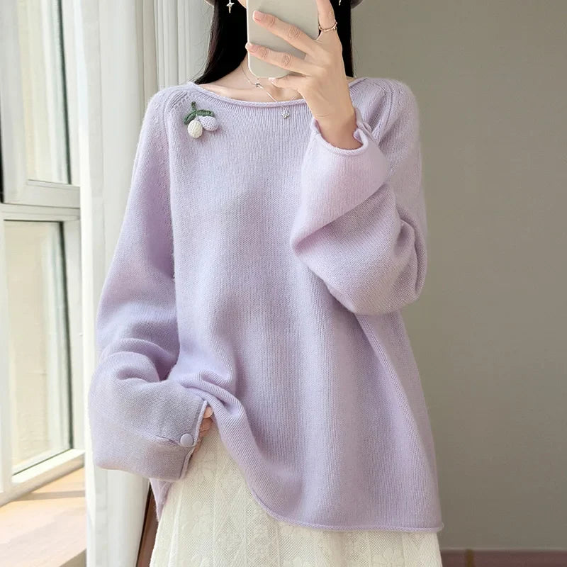 Damen Pullover Langarm Rundhals mit Beeren-Applikation