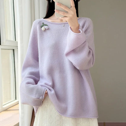Damen Pullover Langarm Rundhals mit Beeren-Applikation