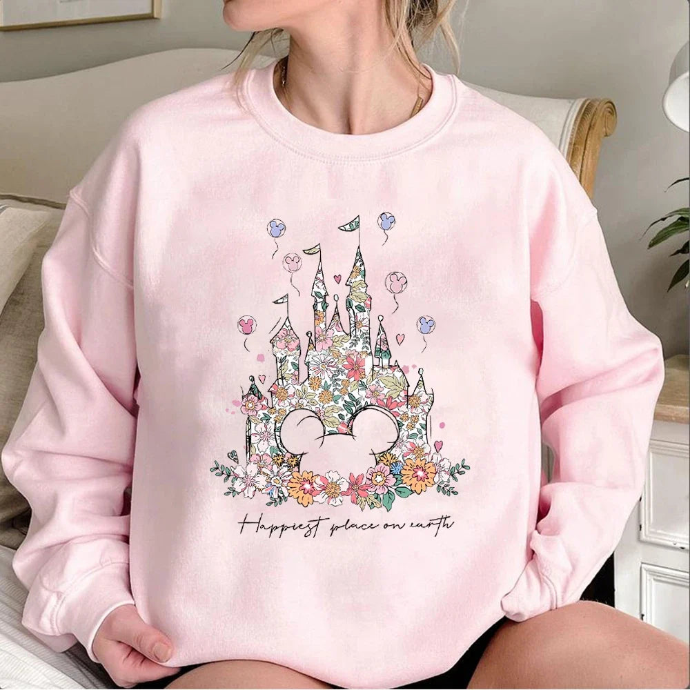 Damen Sweatshirt mit Blumen Schloss Motiv und "Happiest Place on Earth" Aufdruck