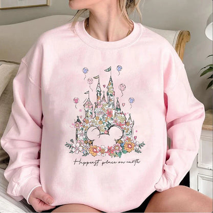 Damen Sweatshirt mit Blumen Schloss Motiv und "Happiest Place on Earth" Aufdruck