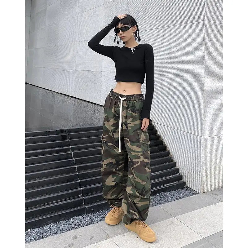 Cargohose Damen Camouflage Grün Weites Bein