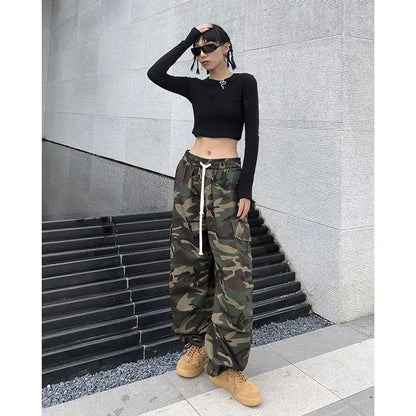 Cargohose Damen Camouflage Grün Weites Bein