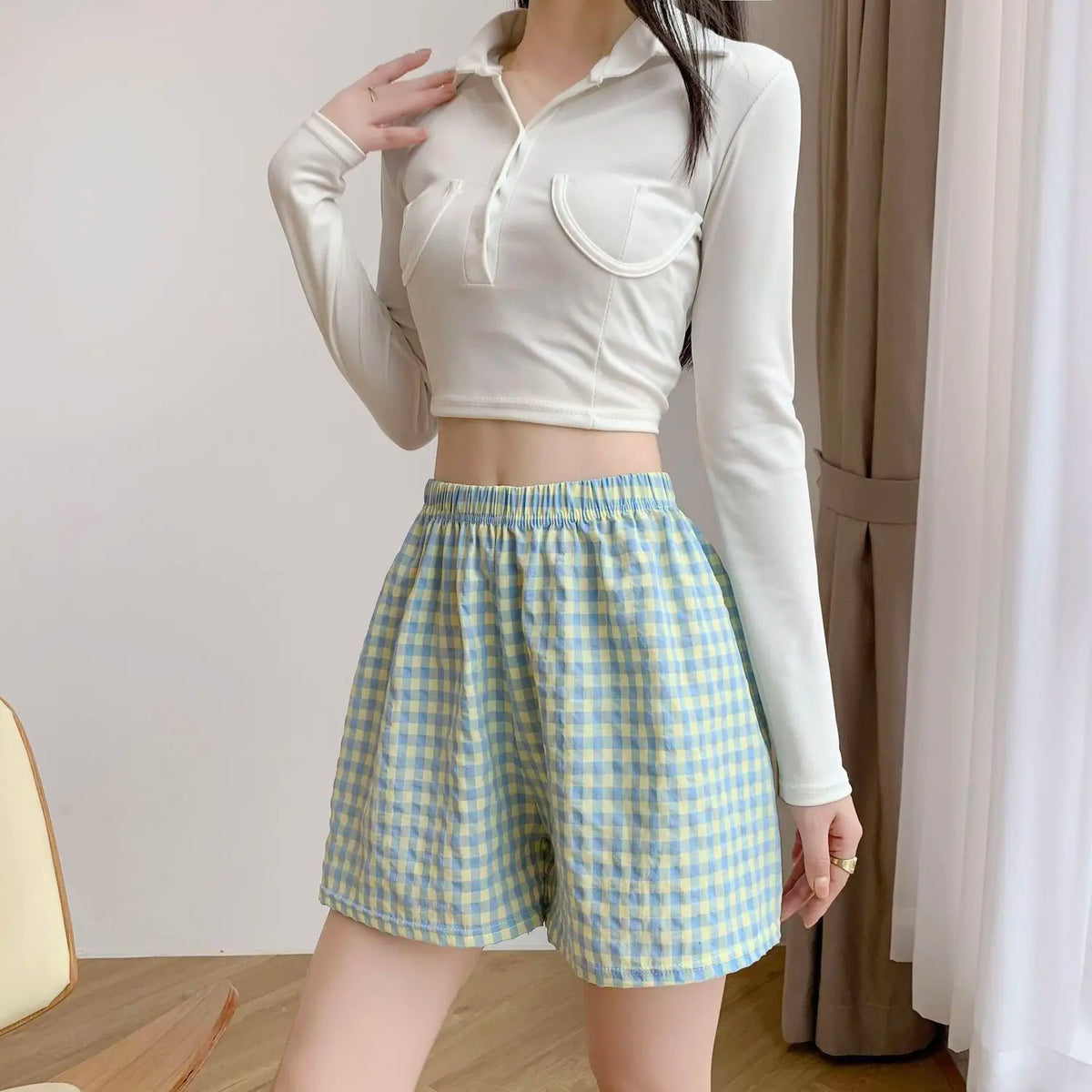 Damen Shorts Karo Muster Elastischer Bund Bequemer Schnitt