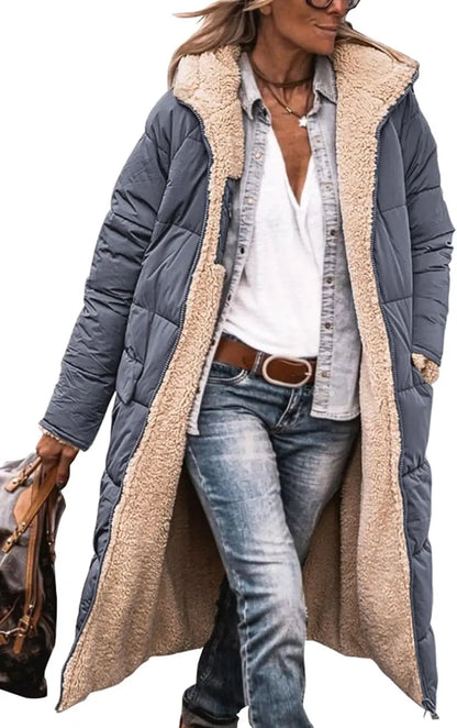 Damen Steppmantel Lang Winter Daunen-Optik mit Teddyfutter Kapuze