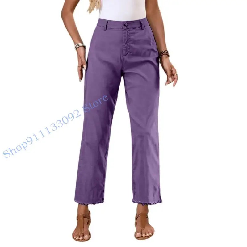 Damen Freizeithose mit hohem Bund und Fransen Saum