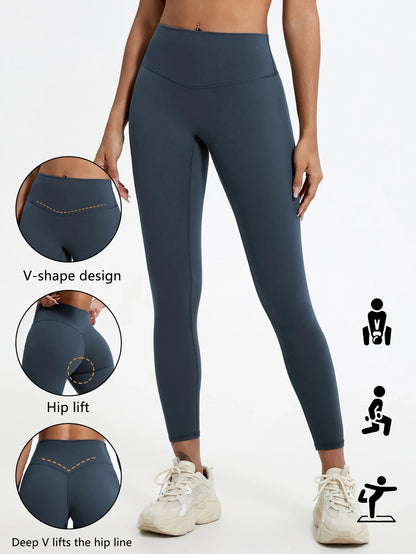 Damen Sport Leggings Hochbund V-Design Bauchkontrolle Yoga Fitness Hose