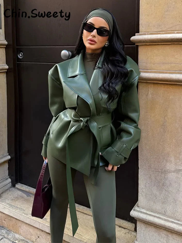 Damen Kurzjacke mit Bindegürtel und Reverskragen