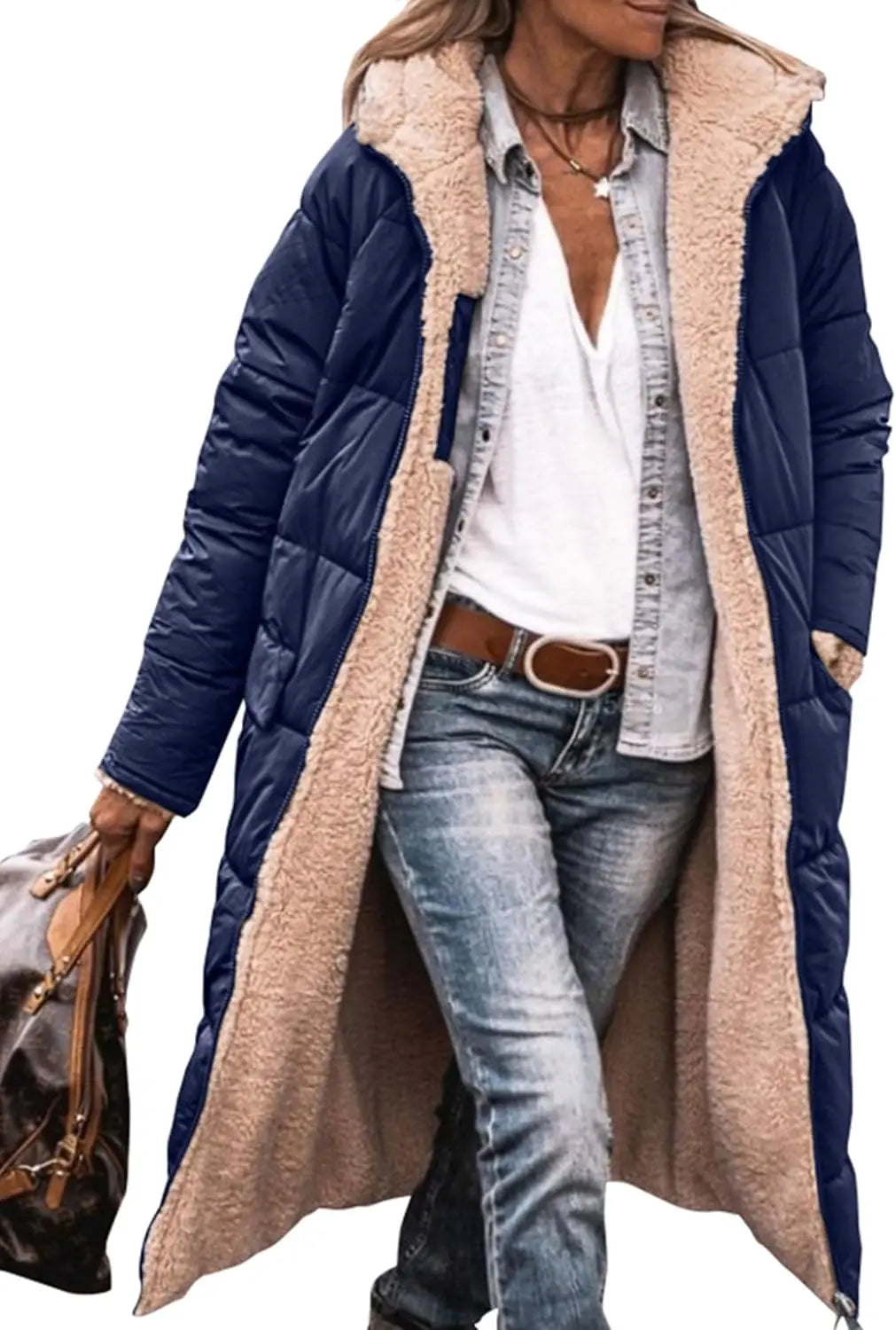 Damen Steppmantel Lang Winter Daunen-Optik mit Teddyfutter Kapuze