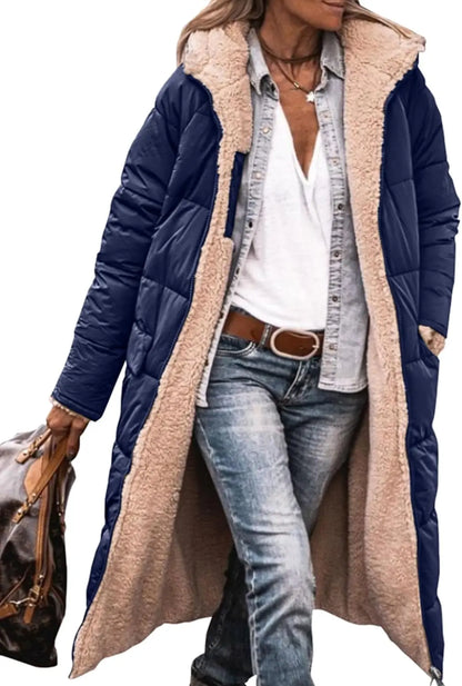Damen Steppmantel Lang Winter Daunen-Optik mit Teddyfutter Kapuze