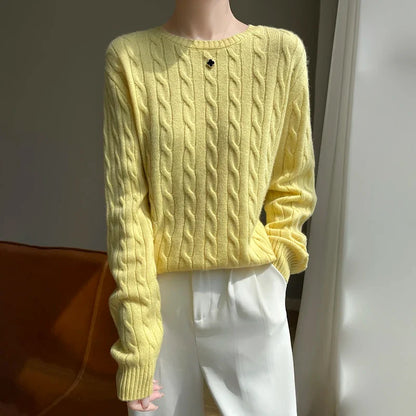 Damen Strickpullover Zopfmuster Rundhals Langarm