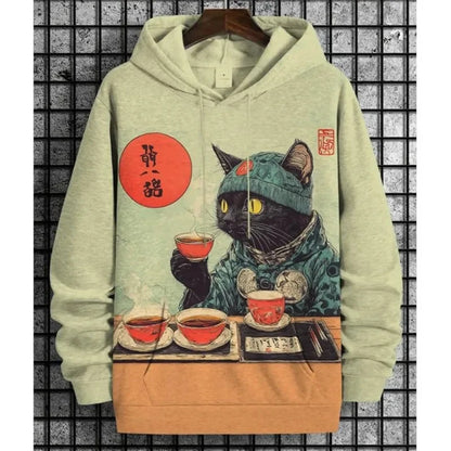 Hoodie mit Katzen-Print Kampfkunst-Motiv Beige Unisex Kapuzenpullover Kängurutasche
