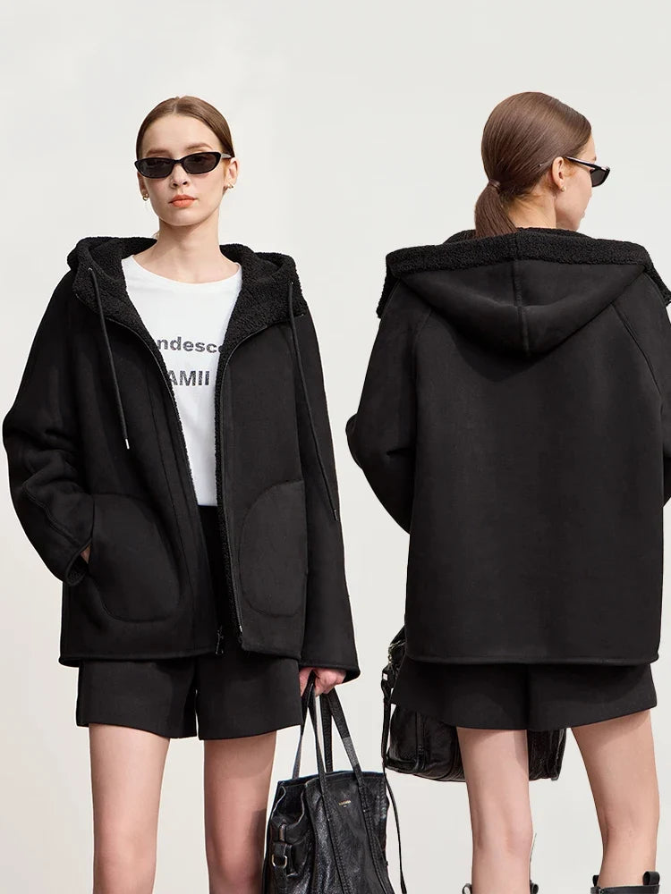 Damen Kapuzenjacke Kurz mit Reißverschluss Teddyfleece Futter