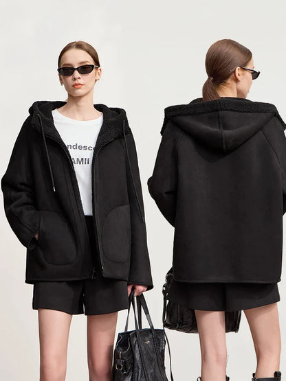 Damen Kapuzenjacke Kurz mit Reißverschluss Teddyfleece Futter