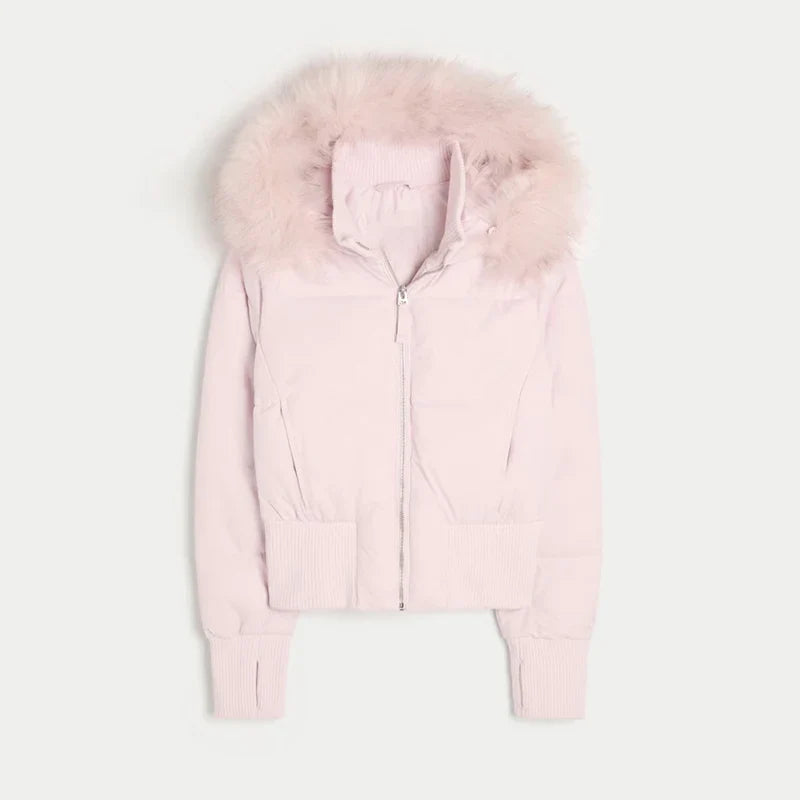 Damen Bomberjacke mit Kapuze und Fellimitatbesatz Kurz