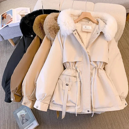 Damen Winterjacke Parka mit Kapuze und Kunstfellbesatz, verstellbare Taille