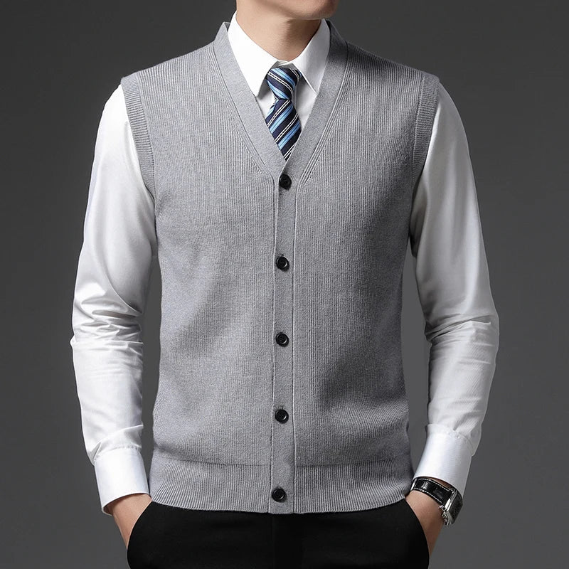 Herren Cardigan Weste V-Ausschnitt Knopfleiste Rippstrick Optik Einfarbig
