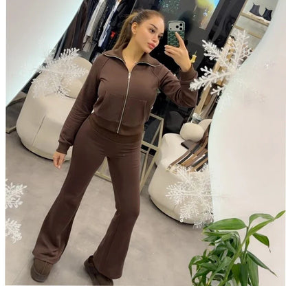 Damen Sweatjacke Reißverschluss Stehkragen & Flare-Hose Set Sportlicher Look