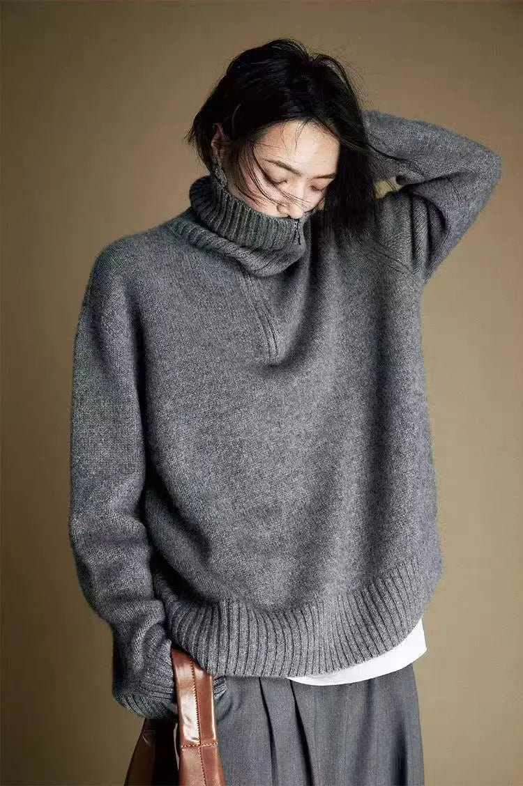 Damen Rollkragenpullover mit Reißverschluss Strickpullover Oversize Pullover Grau Weiß