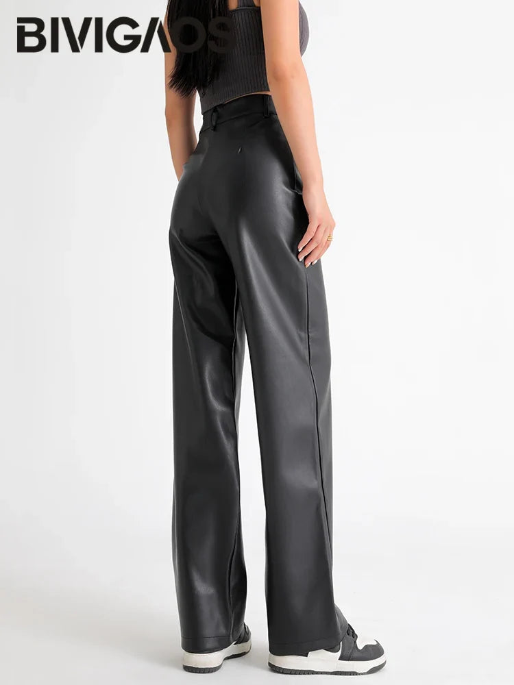 Damen Kunstlederhose Weites Bein Hoher Bund