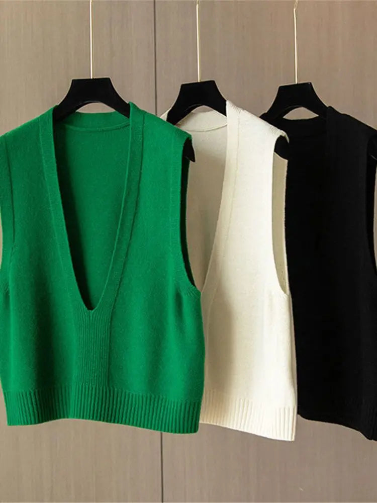 Damen Strickweste Pullover Weste V-Ausschnitt Ärmellos Kurzer Schnitt