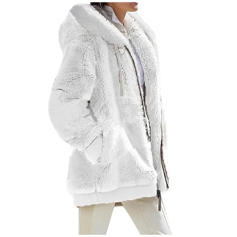 Damen Flauschige Kapuzenjacke mit Reißverschluss und Bauchtaschen