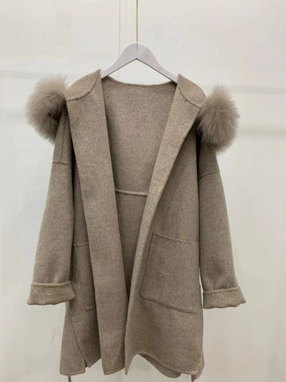 Damen Kurzmantel mit Gürtel & Kapuze, Fellimitat-Details, Grau