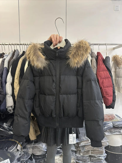 Damen Steppjacke mit Fellkapuze Glitzer-Details Winterjacke