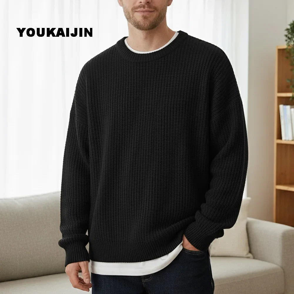 Herren Strickpullover Rundhals Weit Geschnitten Gerippte Bündchen