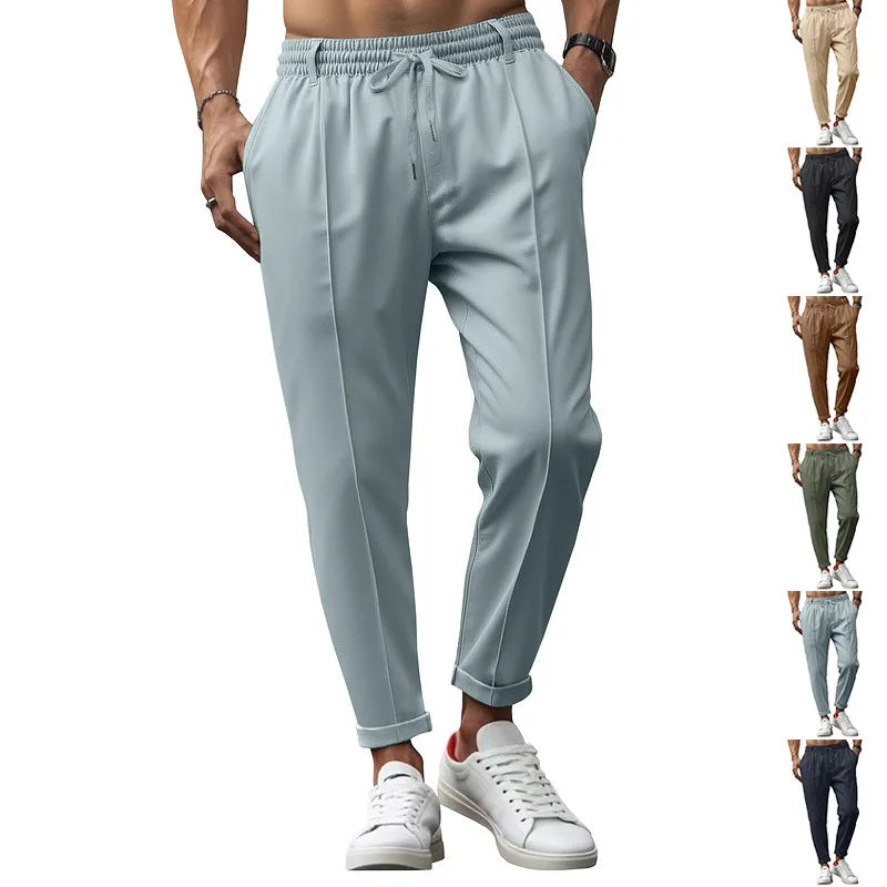 Herren Freizeithose Khaki Elastischer Bund Kordelzug Mit Bügelfalte