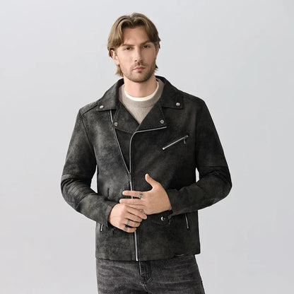 Herren Bikerjacke Wildleder-Optik Asymmetrischer Reißverschluss Braun