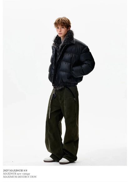 Kurze Steppjacke Herren mit Fellkragen Schwarz gefüttert