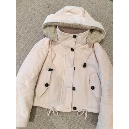 Kurze Damen Cordjacke mit Kapuze und Teddyfutter Rosa