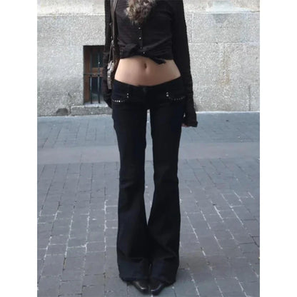 Damen Low Waist Bootcut Jeans Schwarz Ausgestellt mit Details