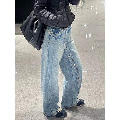 Jeans Damen Weite Beine Hoher Bund Knopfleiste Blau Weit Geschnitten