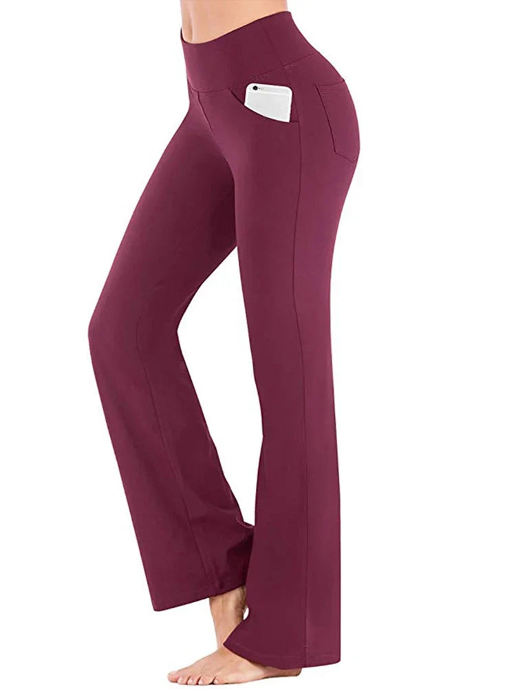 Damen Bootcut Hose mit hohem Bund und Taschen für Sport & Freizeit