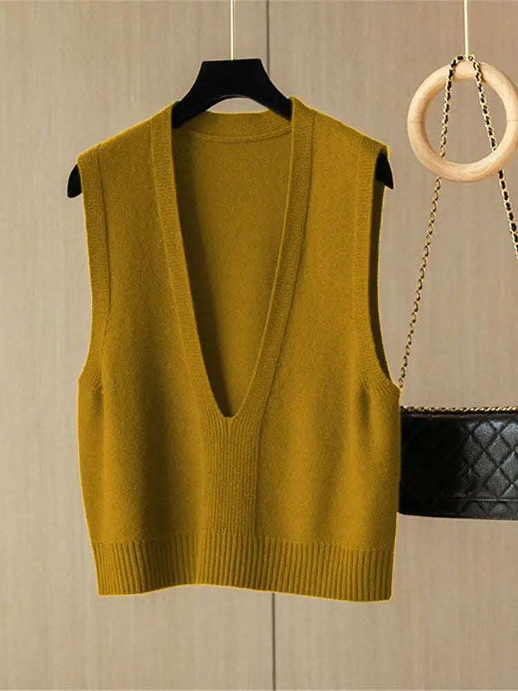 Damen Strickweste Pullover Weste V-Ausschnitt Ärmellos Kurzer Schnitt