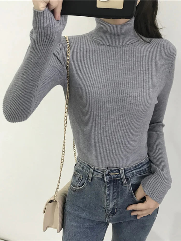 Damen Rollkragenpullover Gerippt Langarm Strickpullover